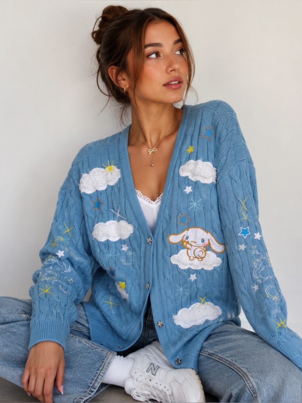 Hot Topic Cinnamoroll Cloud Cable Knit Cardigan Sweater Womens Large Oversized